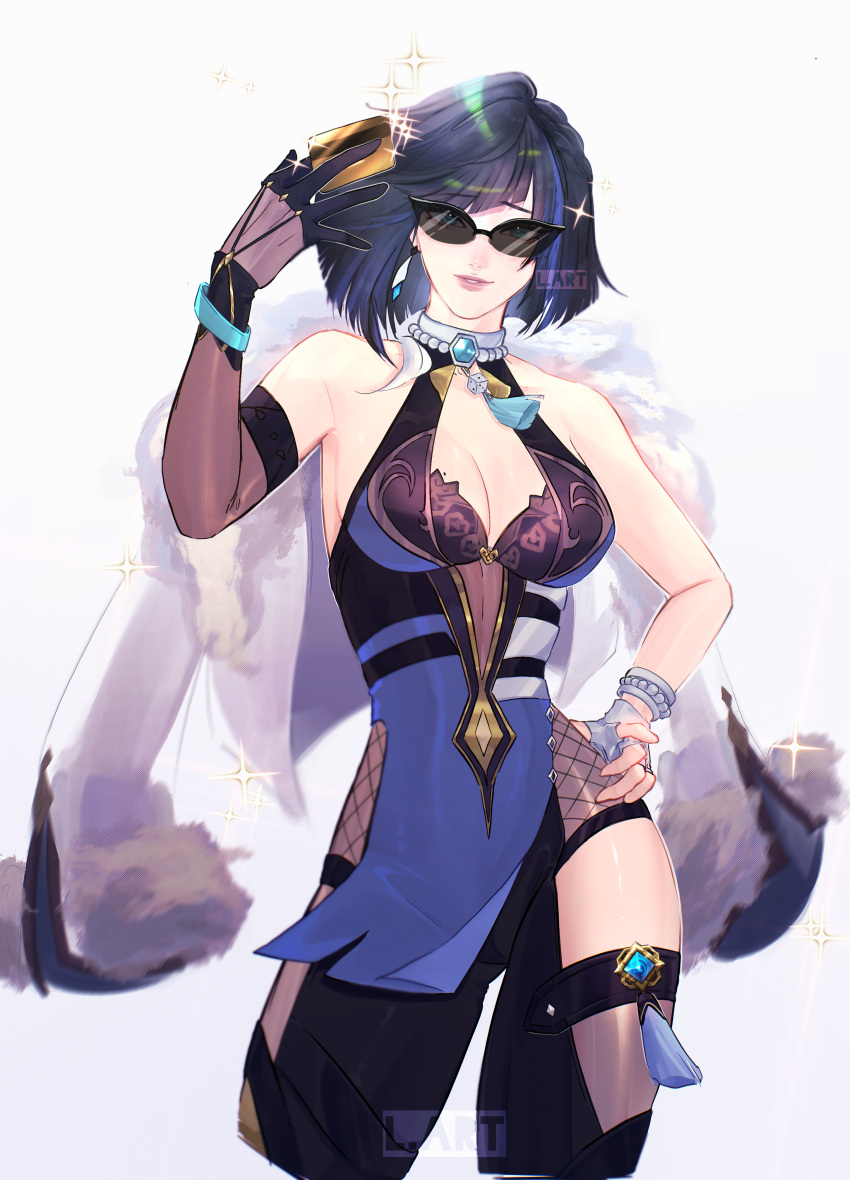 1girl absurdres aqua_eyes arm_up armpit_peek asymmetrical_gloves bangs bare_arms bare_shoulders black_gloves black_pantyhose blue_dress blue_hair blunt_bangs bob_cut bracelet breasts card cleavage cleavage_cutout clothing_cutout contrapposto covered_collarbone cowboy_shot credit_card diagonal_bangs dice dress elbow_gloves english_commentary eyelashes fur-trimmed_jacket fur_trim genshin_impact glasses glint gloves gradient_hair hand_on_hip highres holding holding_card jacket jacket_removed jewelry large_breasts lart_art1 lips long_sleeves looking_at_viewer mismatched_gloves mole mole_on_breast multicolored_hair pantyhose parted_lips pelvic_curtain pendant shiny shiny_hair short_hair simple_background single_elbow_glove smile solo standing sunglasses tassel thighhighs tsurime vision_(genshin_impact) watermark white_background white_gloves white_jacket yelan_(genshin_impact)