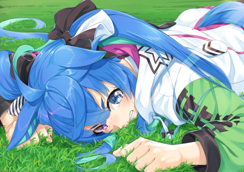 1girl animal_ears black_ribbon blue_eyes blue_hair clenched_teeth commentary_request day drawstring grass hair_ribbon heterochromia horse_ears horse_girl horse_tail jacket long_hair long_sleeves lying miri_(ago550421) multicolored_hair on_grass on_stomach outdoors puffy_long_sleeves puffy_sleeves purple_eyes revision ribbon sharp_teeth solo sweat tail tearing_up tears teeth twin_turbo_(umamusume) twintails two-tone_hair umamusume very_long_hair white_jacket