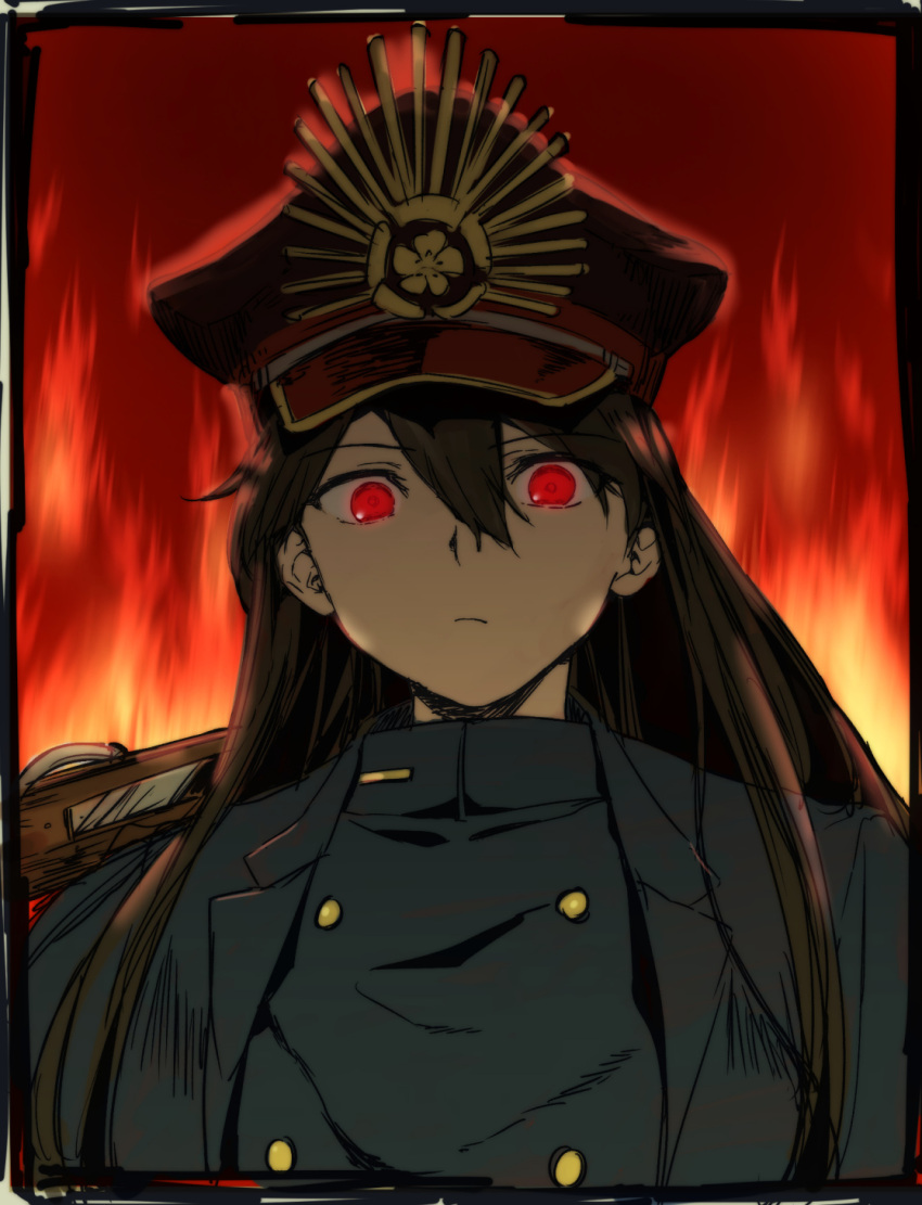 1girl aoba_(smartbeat) bangs black_coat black_hair black_headwear black_jacket breasts buttons coat double-breasted family_crest fate/grand_order fate_(series) fire glowing glowing_eyes gun hat highres jacket koha-ace long_hair long_sleeves looking_at_viewer oda_nobunaga_(fate) oda_uri open_clothes open_coat peaked_cap red_eyes small_breasts solo weapon