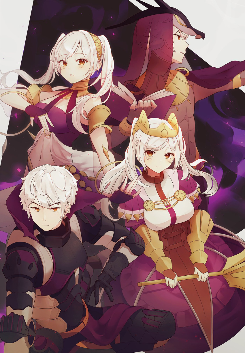 2boys 2girls aftergardens alternate_costume armor bare_shoulders black_gloves book breasts brown_eyes class_change collar dual_persona fingerless_gloves fire_emblem fire_emblem_awakening gloves highres holding holding_book long_hair medium_breasts midriff multiple_boys multiple_girls multiple_persona navel open_mouth robin_(fire_emblem) robin_(fire_emblem)_(female) robin_(fire_emblem)_(male) see-through smile tiara twintails veil white_hair