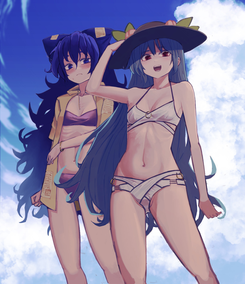 2girls absurdres arm_at_side arm_up bangs bare_arms bare_shoulders bikini bikini_under_clothes black_headwear blue_eyes blue_hair blue_sky blush bow breasts cardigan closed_mouth cloud collarbone day drawstring food fruit groin hair_between_eyes hair_bow hand_on_headwear hat highres hinanawi_tenshi hood hood_down hooded_cardigan kaden_(muxt8423) leaf legs_apart long_hair long_sleeves looking_at_viewer multiple_girls navel open_cardigan open_clothes open_mouth outdoors peach red_eyes ribs skinny sky small_breasts smile standing stomach swimsuit touhou very_long_hair wavy_mouth yorigami_shion