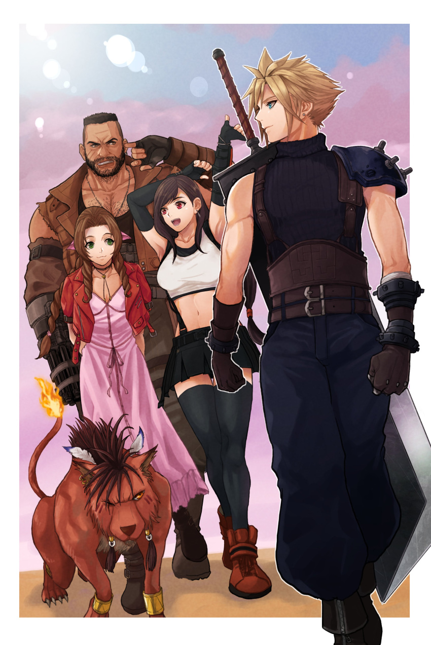 2girls 3boys absurdres aerith_gainsborough armor arms_behind_back bangle barret_wallace beard beckey9415 belt black_hair black_thighhighs blonde_hair blue_eyes blue_pants blue_shirt boots border bracelet braid braided_ponytail breasts brown_eyes brown_hair brown_vest buster_sword choker cloud_strife cropped_jacket dress earrings elbow_gloves everyone facial_hair feathers final_fantasy final_fantasy_vii final_fantasy_vii_remake finger_in_ear fingerless_gloves flame-tipped_tail gloves green_eyes gun hair_ribbon highres jacket jewelry large_breasts lens_flare long_dress long_hair looking_back low-tied_long_hair midriff multiple_belts multiple_boys multiple_girls navel necklace one_eye_closed pants pink_dress pink_ribbon prosthesis red_eyes red_jacket red_xiii ribbon scar scar_on_cheek scar_on_face shirt short_hair short_sleeves shoulder_armor single_earring skirt sleeveless sleeveless_turtleneck spiked_hair sports_bra square_enix stretching suspender_skirt suspenders tail thighhighs tifa_lockhart torn_clothes torn_sleeves turtleneck very_short_hair vest walking wavy_hair weapon weapon_on_back yellow_eyes