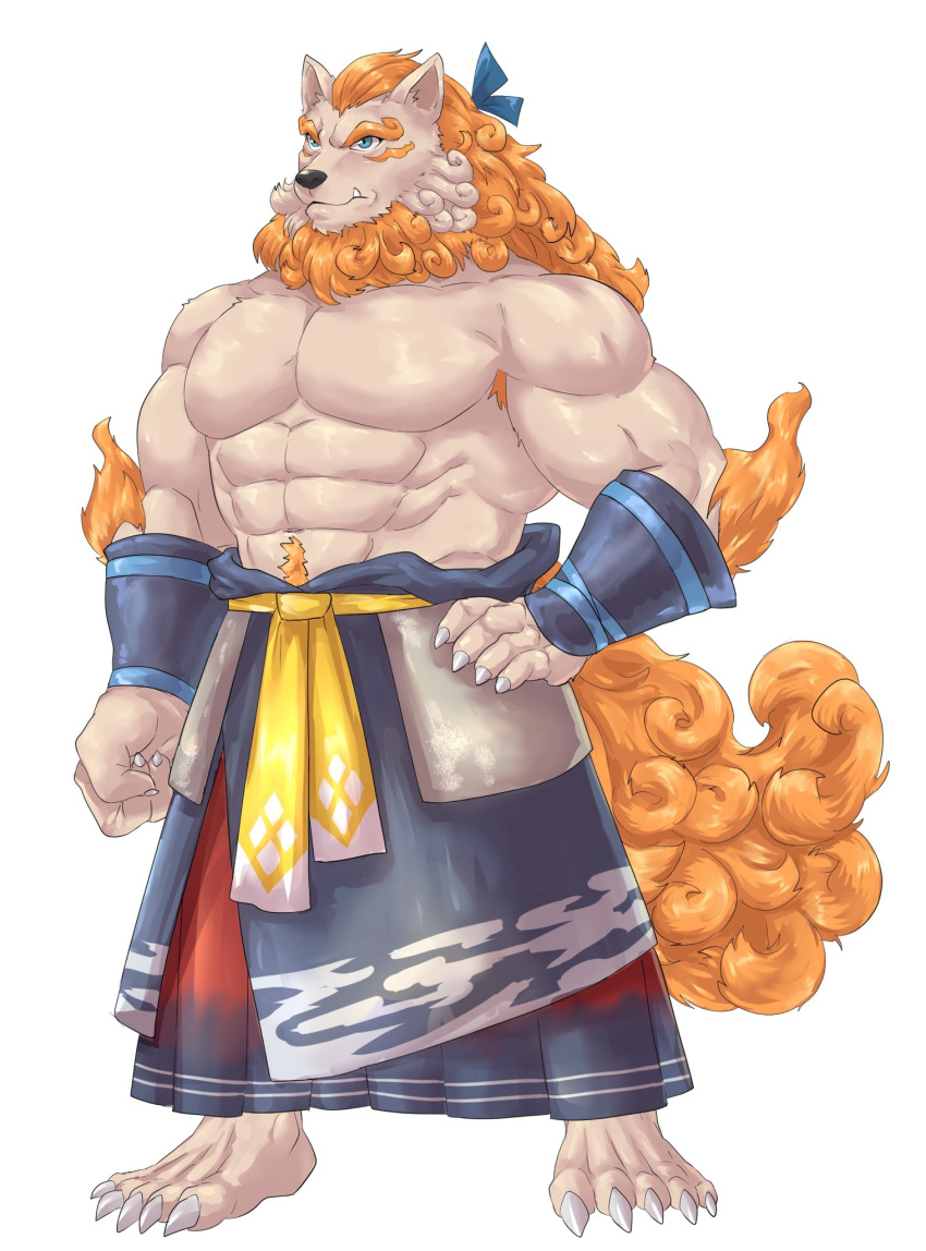 abs anthro armguards armpit_hair asian_clothing asian_mythology biceps biped black_nose blue_eyes body_hair clothed clothing colored east_asian_clothing east_asian_mythology elbow_fur eyebrows foo_dog fur hair hands_on_hips hi_res japanese_clothing japanese_mythology komainu male mammal muscular muscular_anthro muscular_male mythology orange_eyebrows orange_hair orange_pubes orange_tail pecs pubes sdorica shirtless simple_background solo tan_body tan_fur thick_eyebrows toyokuni weedwolf white_background yōkai