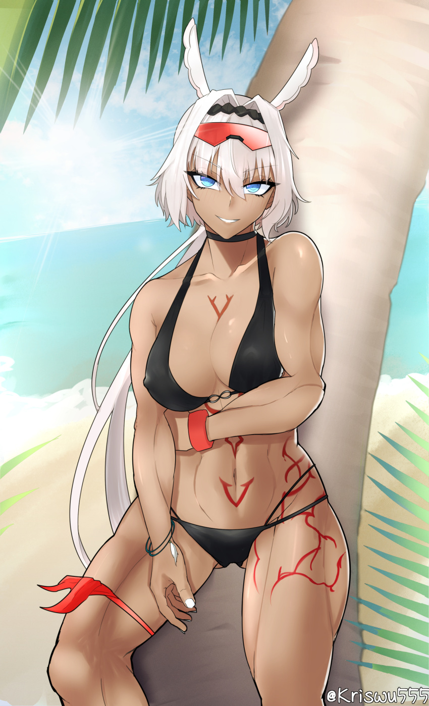 1girl animal_ears arm_under_breasts ass_visible_through_thighs bangs bare_shoulders beach bikini black_bikini black_hairband blue_eyes blue_sky body_markings bracelet breasts caenis_(fate) caenis_(swimsuit_rider)_(fate) caenis_(swimsuit_rider)_(first_ascension)_(fate) cleavage cloud collarbone commentary covered_nipples cowboy_shot dark-skinned_female dark_skin day eyewear_on_head fate/grand_order fate_(series) groin hair_between_eyes hair_intakes hairband highres jewelry large_breasts long_hair looking_at_viewer loveya1224 low_ponytail multi-strapped_bikini navel ocean outdoors palm_tree parted_lips red_wristband sidelocks sky smile solo standing stomach sunglasses sunlight swimsuit thigh_strap tree twitter_username very_long_hair white_hair white_nails wristband