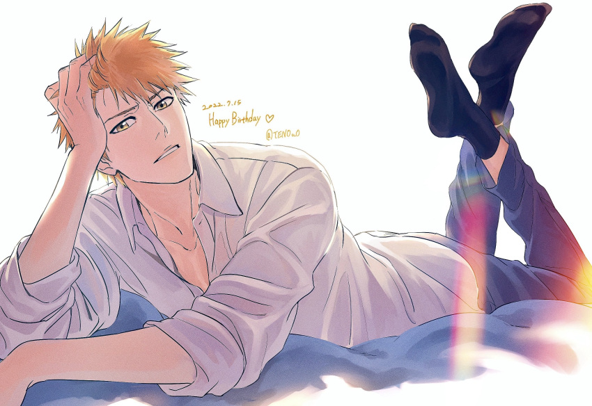 1boy artist_name black_socks bleach full_body hand_on_own_face happy_birthday highres kurosaki_ichigo lips long_sleeves looking_at_viewer lying on_stomach orange_hair parted_lips shirt short_hair sleeves_rolled_up socks solo teeth ten0u0 white_background white_shirt yellow_eyes