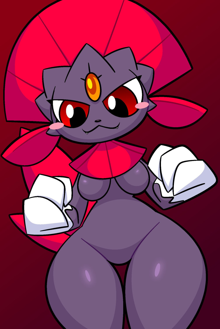 anthro black_pupils blush blush_stickers breasts claws ekkokenight featureless_breasts female forehead_gem grey_body hi_res nintendo nude pok&eacute;mon pok&eacute;mon_(species) pupils red_eyes smile solo thick_thighs thigh_gap video_games weavile wide_hips