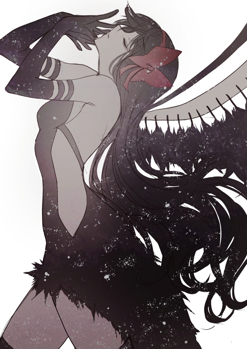 1girl absurdres akemi_homura akuma_homura armpits black_feathers black_gloves bow breasts closed_eyes elbow_gloves feathers from_side gloves hair_bow highres long_hair mahou_shoujo_madoka_magica mahou_shoujo_madoka_magica_movie misteor red_bow side_slit sideboob solo thighhighs thighs white_background wings