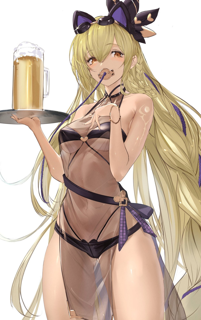 1girl alcohol animal_ears ass_visible_through_thighs beer beer_mug black_bow black_hairband blonde_hair bow braid breasts brown_eyes commentary covered_mouth covered_navel covered_nipples cowboy_shot cup drmaho1 fake_animal_ears foam granblue_fantasy hair_bow hairband hand_up heart heart_print helel_ben_shalem highres holding holding_tray long_hair looking_at_viewer medium_breasts mug navel pelvic_curtain see-through solo standing symbol-only_commentary thighs tray very_long_hair