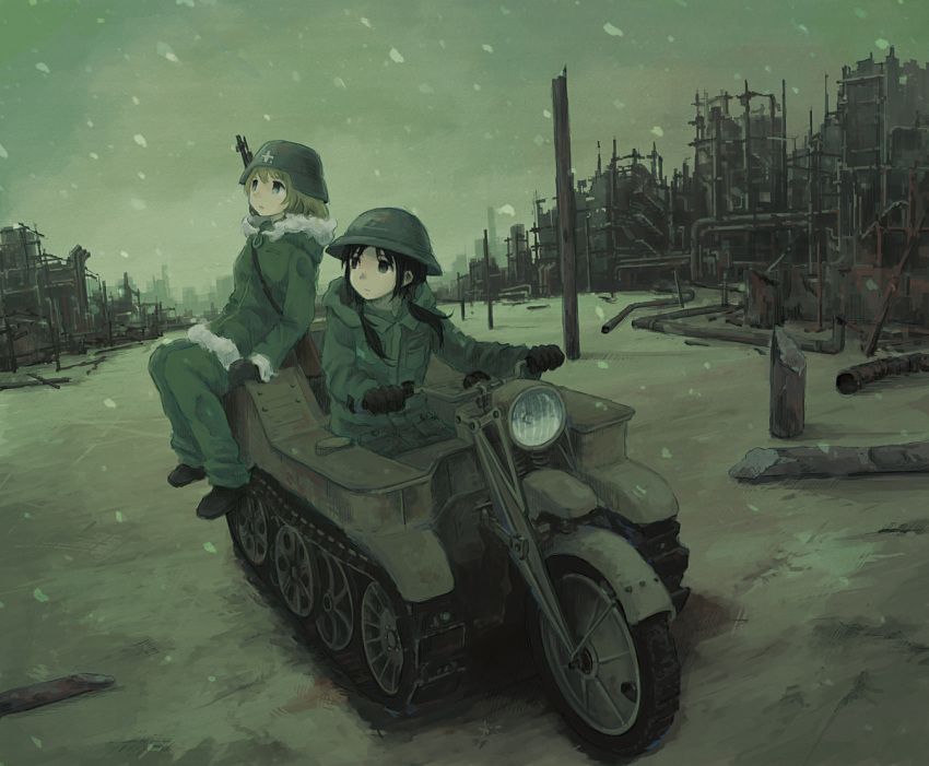 2girls black_hair blonde_hair blue_eyes brodie_helmet chito_(shoujo_shuumatsu_ryokou) commentary driving fur_trim gloves helmet kensight328 kettenkrad military military_helmet military_uniform multiple_girls outdoors revision rifle_on_back ruins shoujo_shuumatsu_ryokou sitting snowing twintails uniform yuuri_(shoujo_shuumatsu_ryokou)