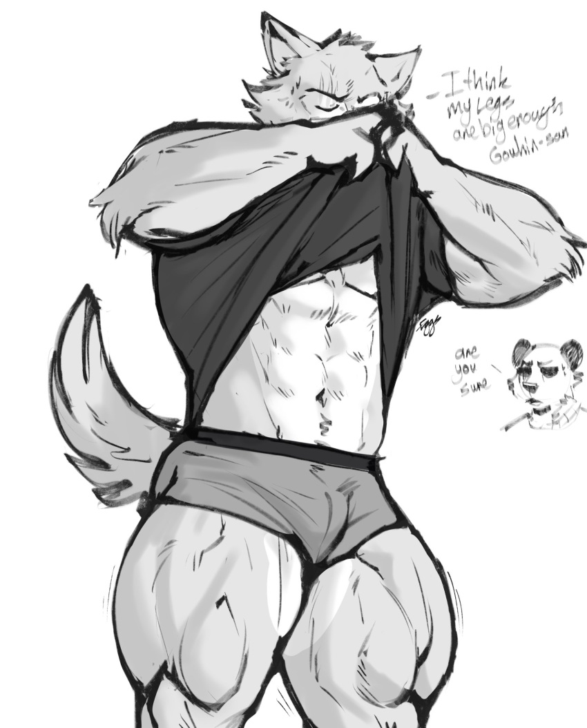 abs anthro beastars big_muscles canid canine canis clothed clothing clothing_lift dialogue duo fur giant_panda gouhin_(beastars) hi_res kinaruoopsy legoshi_(beastars) male mammal monochrome multicolored_body multicolored_fur muscular muscular_male muscular_thighs scar shirt shirt_lift thick_thighs topwear two_tone_body two_tone_fur underwear ursid wolf