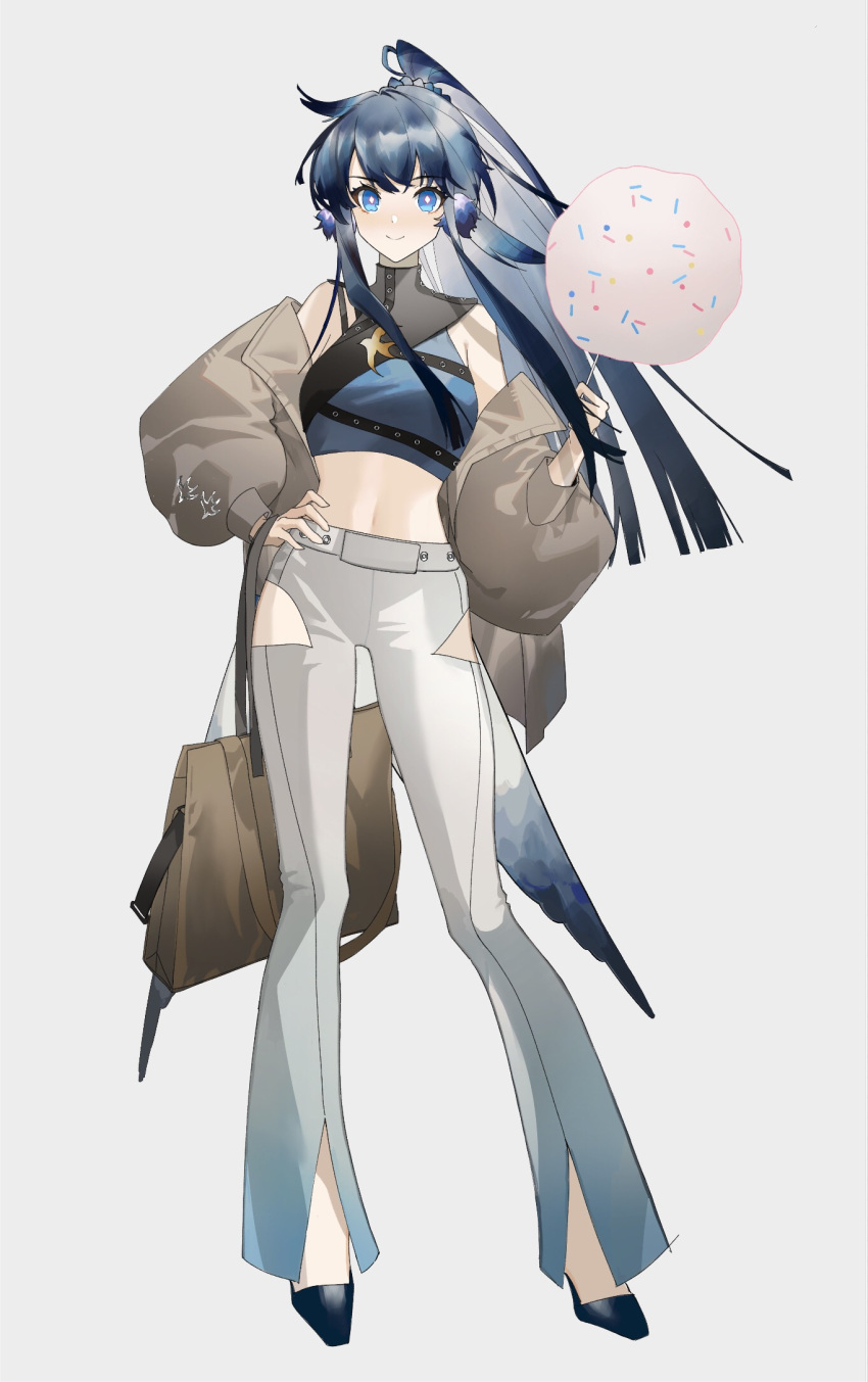 1girl alternate_costume arknights astgenne_(arknights) bangs bare_shoulders black_footwear blue_eyes blue_hair blue_shirt commentary_request cotton_candy crop_top full_body grey_background grey_jacket hand_up highres jacket long_hair long_sleeves looking_at_viewer midriff navel open_clothes open_jacket pants ponytail qianluo shirt shoes simple_background sleeveless sleeveless_shirt smile solo standing stomach very_long_hair white_pants