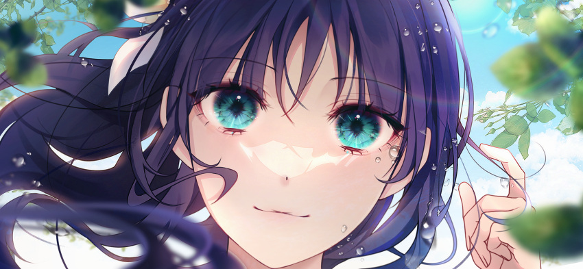 1girl aqua_eyes bangs blurry blurry_foreground close-up cloud commentary day depth_of_field english_commentary highres leaf long_hair looking_at_viewer moon_so_00 original outdoors portrait purple_hair rainbow sky smile solo sunlight water_drop wet_lens