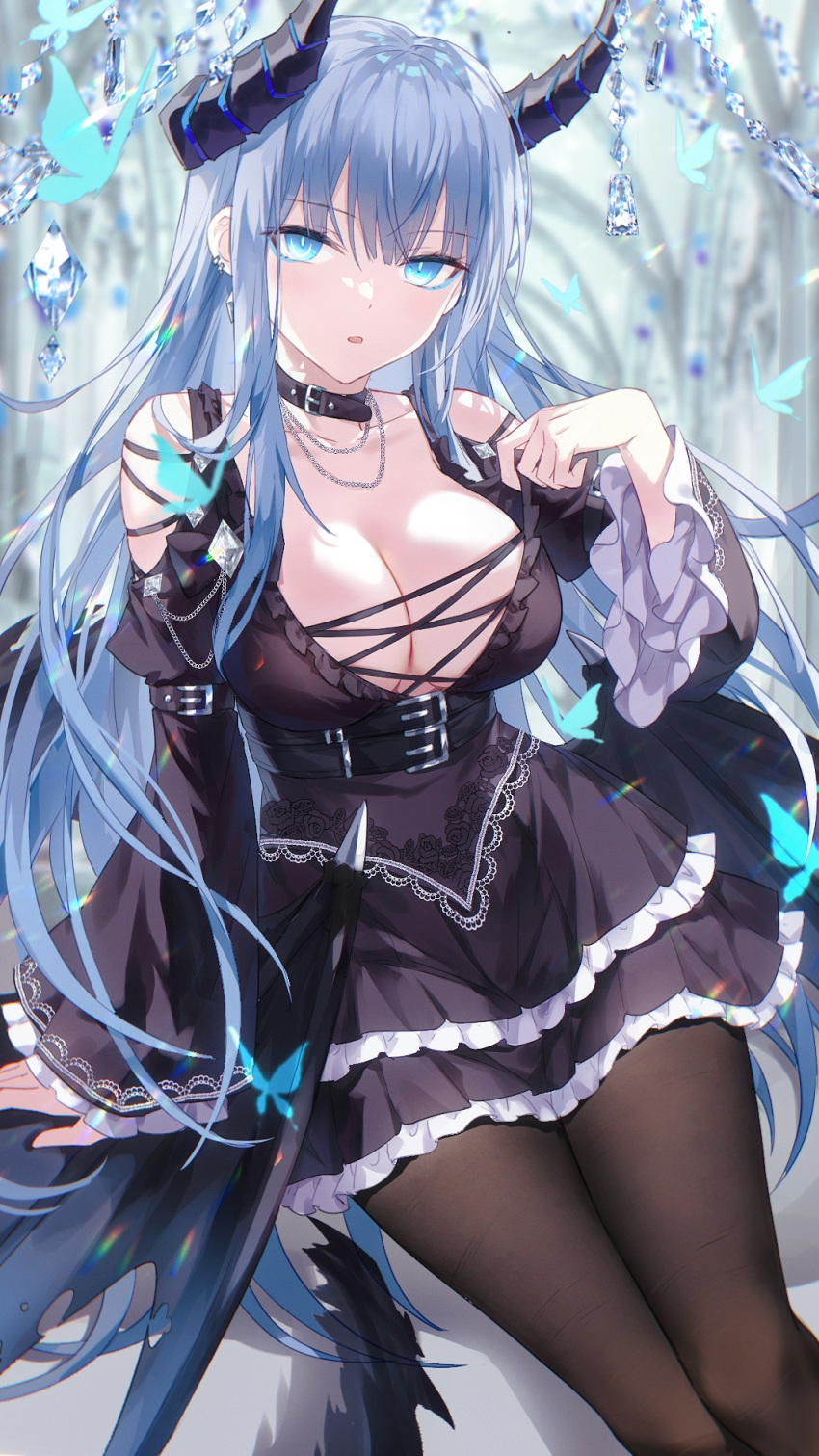1girl arm_support belt belt_collar black_belt blue_butterfly blue_eyes blue_hair breasts bright_pupils brown_pantyhose bug butterfly cleavage collar cross-laced_dress demon demon_girl demon_horns devil_heavens dress dress_tug frilled_dress frilled_sleeves frills hand_up highres horn_ornament horns jewelry large_breasts long_hair looking_at_viewer necklace original pantyhose parted_lips sitting solo white_pupils wide_sleeves