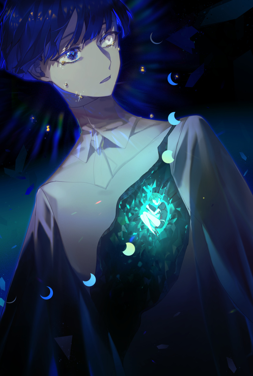 2others absurdres androgynous aqua_hair bangs blue_eyes blue_hair bowl_cut colored_eyelashes colored_tears crescent_moon crying fetal_position floating_hair gem_uniform_(houseki_no_kuni) harrymiao heart heterochromia highres holding houseki_no_kuni looking_away looking_to_the_side moon moon_phases moon_uniform_(houseki_no_kuni) multiple_others necktie other_focus parted_lips phosphophyllite phosphophyllite_(gemstone) phosphophyllite_(ll) shards shoes short_hair short_sleeves shorts solo_focus sparkle spoilers symbolism torn_clothes upper_body white_eyes white_necktie