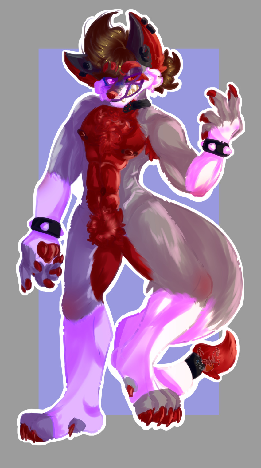 absurd_res anthro canid canine digital_media_(artwork) fox fur hair hi_res josendall_art looking_at_viewer male mammal paws pink_eyes red_eyes shadow_(josendall) simple_background smile solo