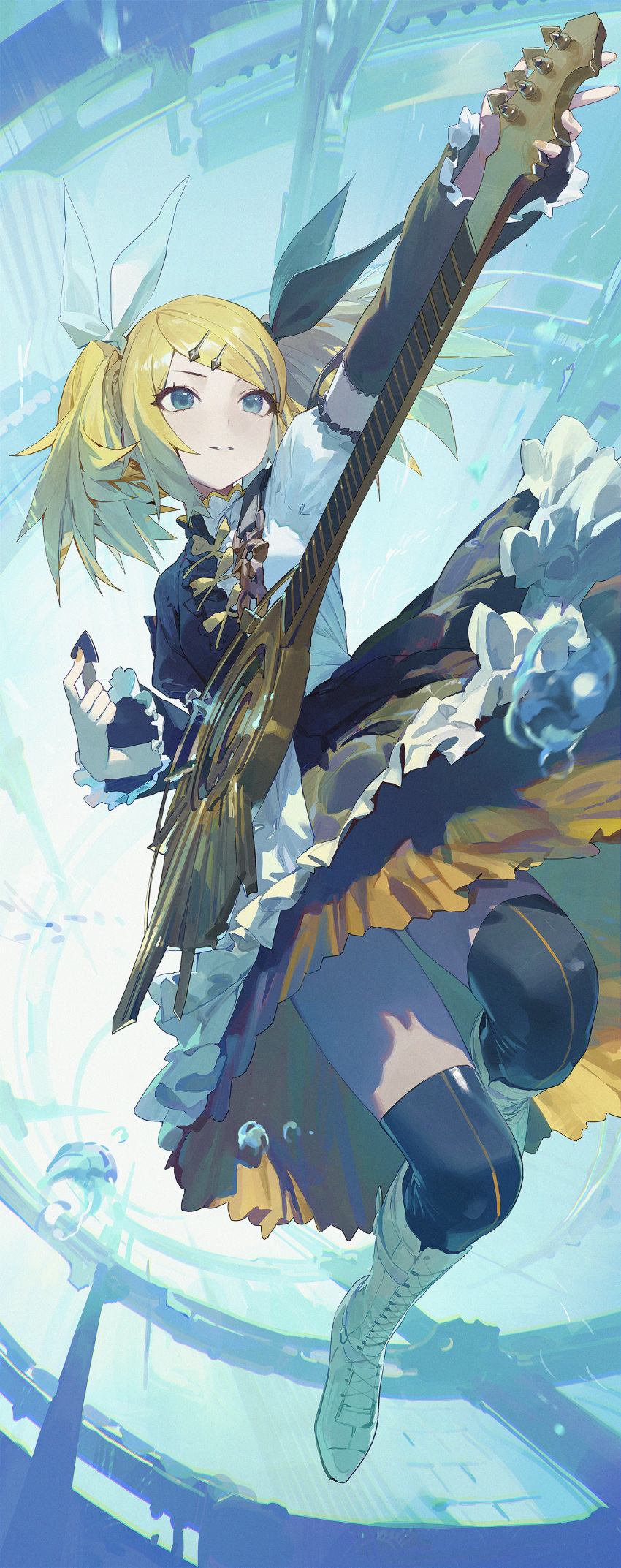 1girl absurdres bangs black_skirt blonde_hair blue_background blue_bow boots bow flying frilled_skirt frills full_body green_eyes guitar hair_ornament highres holding holding_instrument instrument kagamine_rin kagamine_rin_(roshin_yuukai/hard_rkmix) knee_boots looking_afar looking_away midair modare roshin_yuukai_(vocaloid) shirt short_hair skirt smile solo two-tone_shirt vocaloid white_footwear white_shirt