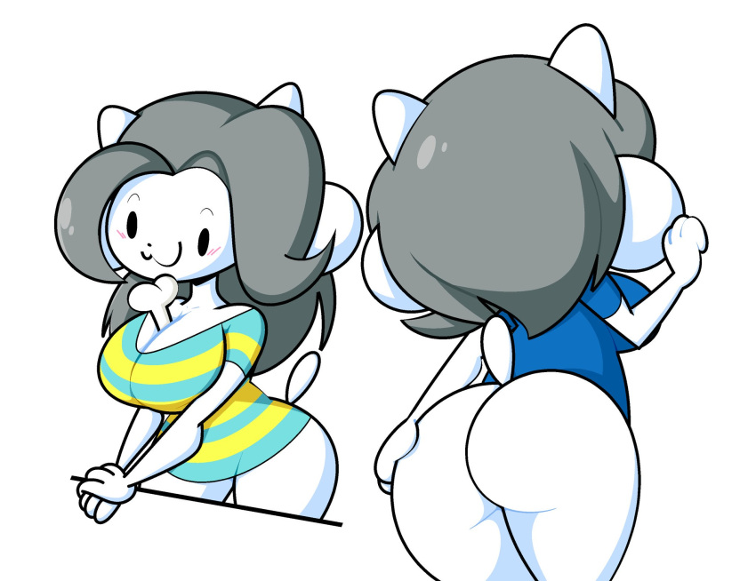 anthro big_breasts big_butt blush bone bottomless breasts butt canid canine canis cleavage clothed clothing domestic_dog dot_eyes ekkokenight female grey_hair hair hand_on_butt hi_res mammal object_between_breasts shirt smile solo tem temmie_(undertale) thick_thighs topwear undertale undertale_(series) video_games white_body