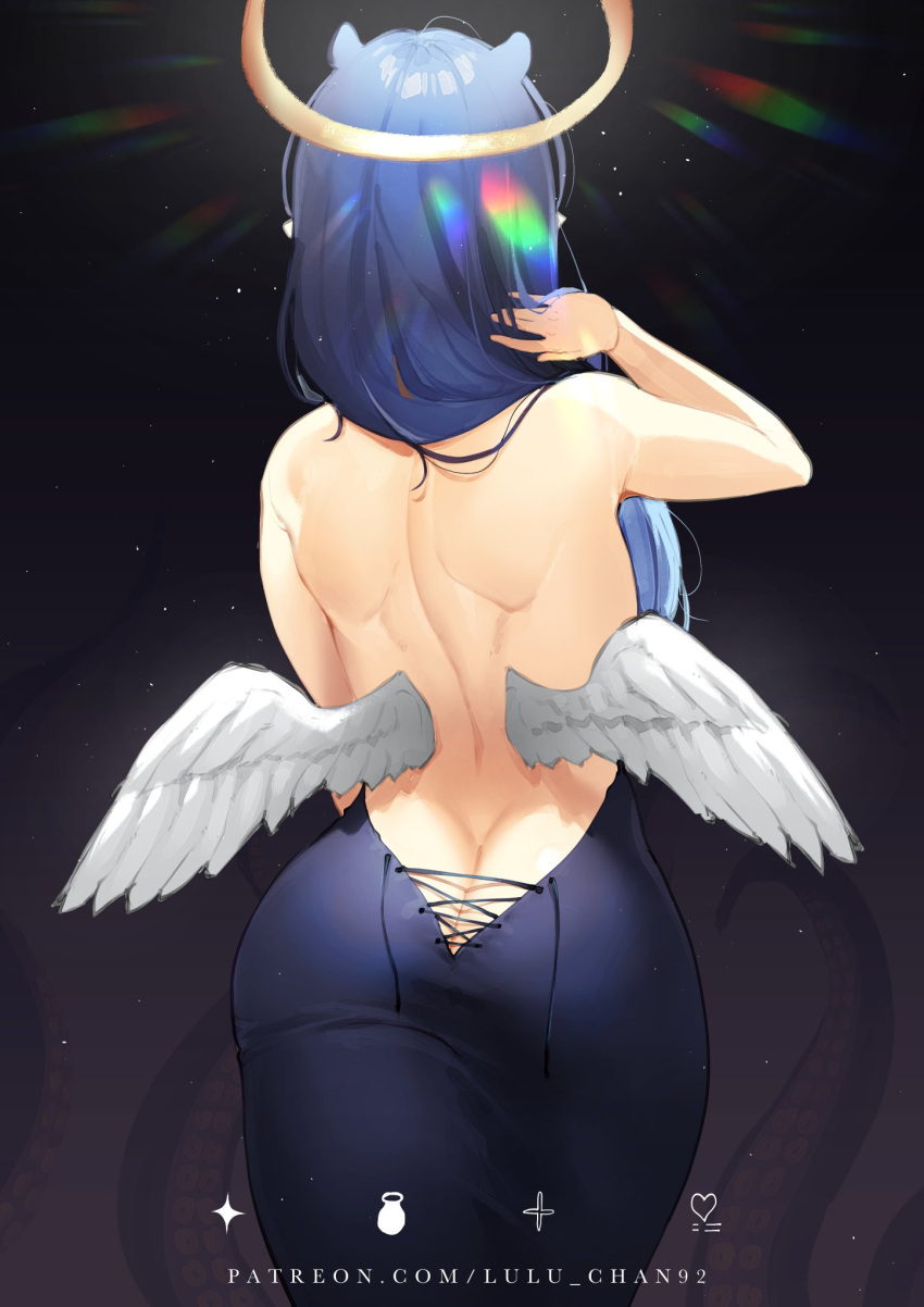 1girl animal_ears artist_name ass back backless_dress backless_outfit bare_shoulders black_background cross-laced_clothes cross-laced_dress dress extra_ears facing_away from_behind hair_lift halo highres hololive hololive_english long_hair looking_ahead low_wings lulu-chan92 median_furrow ninomae_ina'nis patreon_username pointy_ears purple_dress purple_hair simple_background solo wings