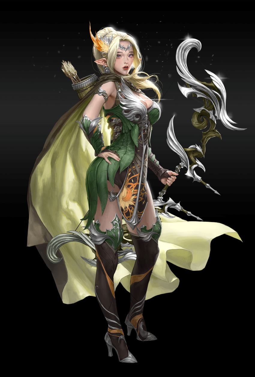 1girl \||/ absurdres archery arrow_(projectile) bangs bare_shoulders belt black_background blonde_hair boots bow_(weapon) breasts bridal_gauntlets cape circlet cleavage commentary_request earrings elf feather_hair_ornament feathers fingernails forehead full_body hair_ornament hand_on_hip heo_sung-moo high_heel_boots high_heels highres holding holding_bow_(weapon) holding_weapon jewelry light_particles looking_at_viewer mole original parted_bangs parted_lips pink_eyes pointy_ears quiver red_lips simple_background solo sparkle teeth thigh_boots upper_teeth weapon