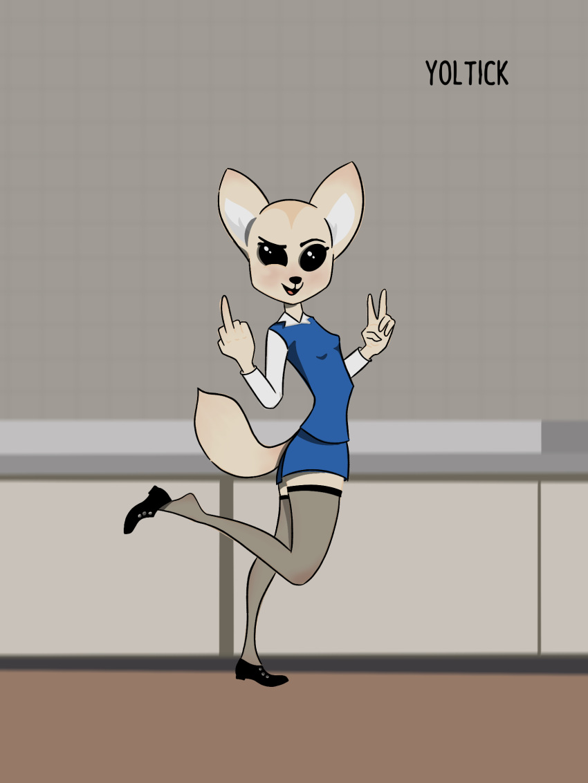 aggressive_retsuko anthro big_ears big_eyes canid canine female fenneko fox gesture hi_res line_art mammal middle_finger office pose sanrio solo yoltick