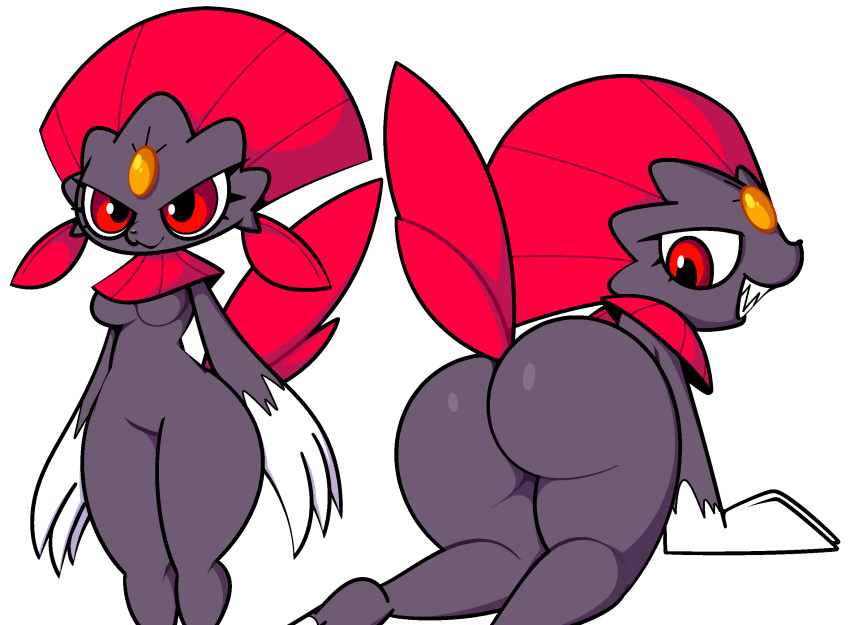 anthro bent_over big_butt black_pupils breasts butt claws ekkokenight feathers featureless_breasts female forehead_gem grey_body hi_res kneeling looking_back nintendo nude pok&eacute;mon pok&eacute;mon_(species) pupils red_eyes smile solo thick_thighs video_games weavile