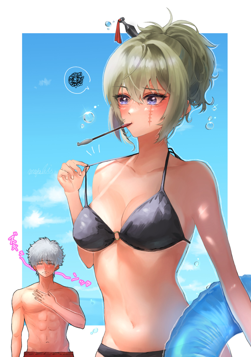 1boy 1girl bangs bare_arms bikini black_bikini blonde_hair blue_eyes blue_sky blush border breasts cleavage collarbone gintama groin hair_between_eyes hair_ornament hairpin highres innertube levi_0409 long_hair medium_breasts navel outline outside_border ponytail sakata_gintoki scar scar_on_cheek scar_on_face shiny shiny_hair sky solo_focus swimsuit tan tsukuyo_(gintama) white_border white_hair