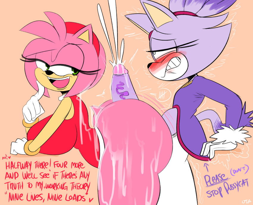 amy_rose anthro big_butt big_penis blaze_the_cat blush bodily_fluids bottomless bottomless_female butt clenched_teeth clothed clothing countershading cum domestic_cat duo english_text eulipotyphlan felid feline felis female fur genital_fluids genitals hair head_tuft heart_after_text hedgehog hi_res hot_dogging huge_butt huge_penis intersex intersex/female mammal ota_(artist) penis pink_body pink_fur pink_hair purple_body purple_fur purple_hair sega shaking sonic_the_hedgehog_(series) tan_body tan_countershading tan_skin teeth text trembling tuft vein veiny_penis white_body white_countershading white_fur