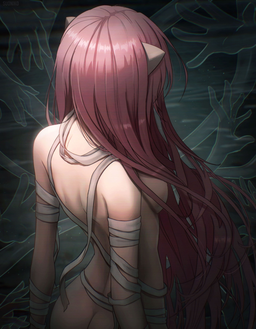 1girl absurdres ass breasts elfen_lied floating_hair highres long_hair lucy_(elfen_lied) medium_breasts nude pink_hair shiny shiny_hair sideboob sidelocks solo standing suoniko very_long_hair