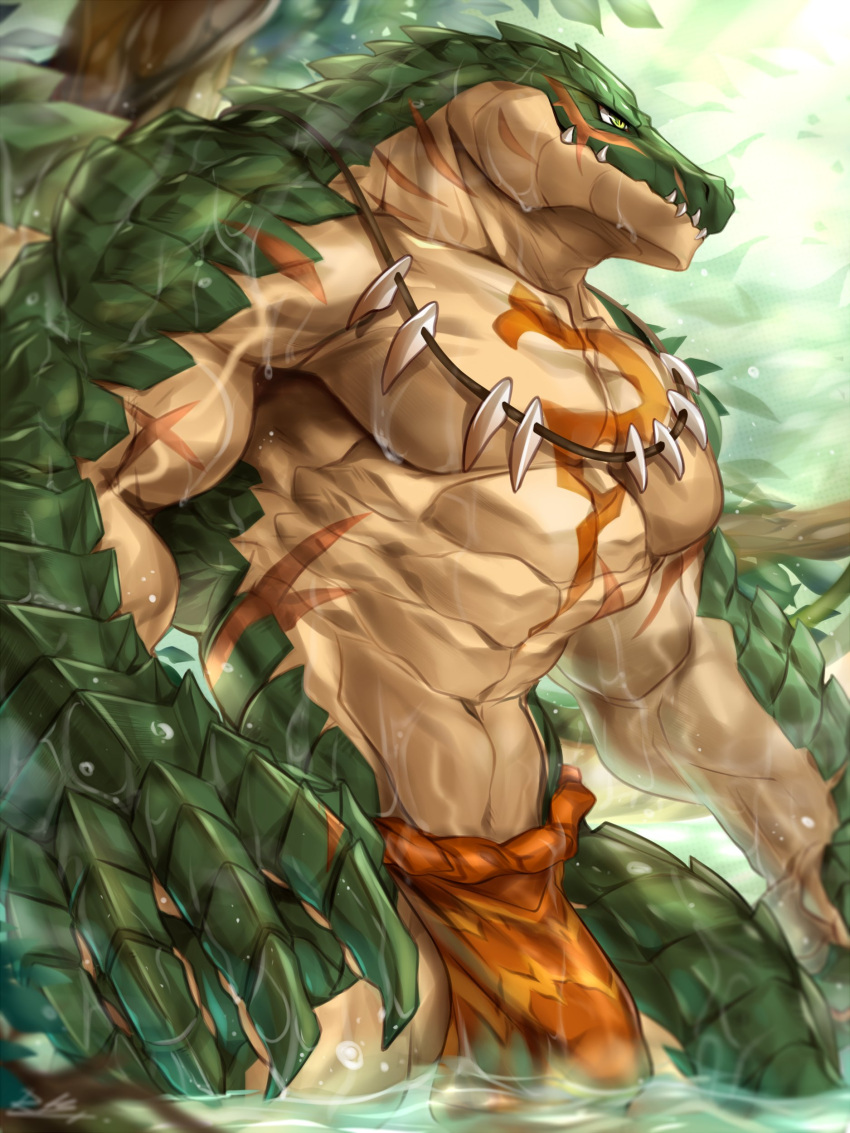 abs absurd_res anthro claws crocodilian genitals hi_res lizard lizardman male muscular muscular_anthro muscular_male overlord_(series) penis rabbity reptile scalie scar solo tattoo teeth water zenberu_gugu