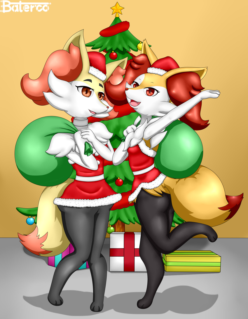 2020 absurd_res anthro baterco braixen chest_tuft christmas christmas_clothing christmas_headwear christmas_present christmas_tree clothing duo fangs female fluffy fluffy_tail fur hat headgear headwear hi_res holidays lily_(baterco) multicolored_body multicolored_fur nintendo open_mouth orange_eyes pawpads paws plant pok&eacute;mon pok&eacute;mon_(species) raised_leg santa's_sack santa_hat signature simple_background tree tuft two_tone_body two_tone_fur video_games white_body white_fur yellow_body yellow_fur