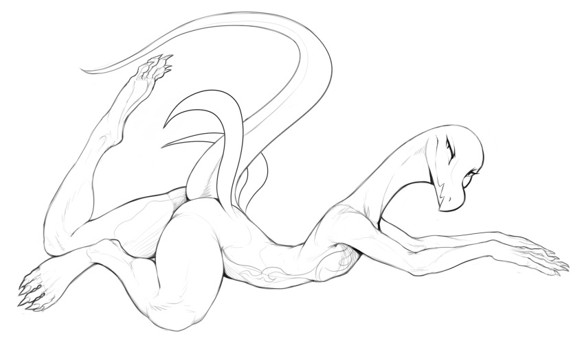 2020 anthro black_and_white claws female flat_chested full-length_portrait hi_res lying monochrome nintendo nude on_front one_leg_up pok&eacute;mon pok&eacute;mon_(species) portrait raised_leg salazzle scalie side_view sketch smile solo video_games w4g4