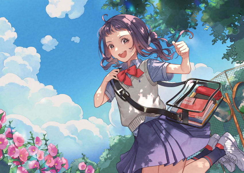 1girl :d ahoge bag bangs black_skirt black_socks blue_sky book bow bowtie bright_pupils brown_eyes brown_hair cherico clenched_hand cloud cloudy_sky collared_shirt commentary_request curly_hair dappled_sunlight day fence flower grey_shirt grey_sweater hair_tie hands_up high_collar highres jumping looking_at_viewer miniskirt open_mouth original outdoors pencil_case pink_flower pleated_skirt red_bow red_bowtie school_bag school_uniform shirt shoes short_ponytail short_sleeves skirt sky smile sneakers socks solo sunlight sweater sweater_vest teeth traffic_mirror transparent_bag tree upper_teeth white_footwear white_pupils