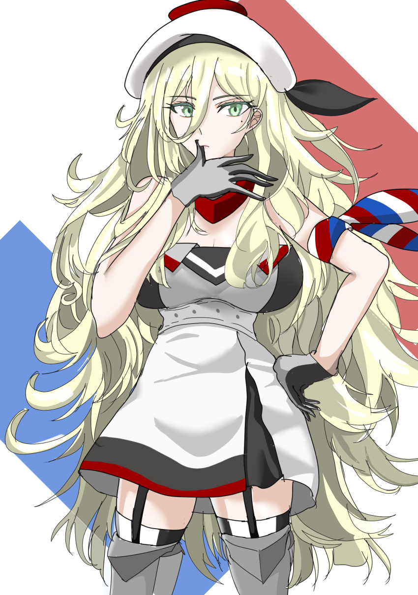 1girl absurdres belt beret blonde_hair blue_eyes breasts cleavage dress french_flag gloves hair_between_eyes hat highres kantai_collection large_breasts long_hair mole mole_under_eye mole_under_mouth multicolored_clothes multicolored_gloves multicolored_scarf one-hour_drawing_challenge pom_pom_(clothes) richelieu_(kancolle) scarf strapless strapless_dress thighhighs two-tone_dress two-tone_gloves two-tone_legwear white_background