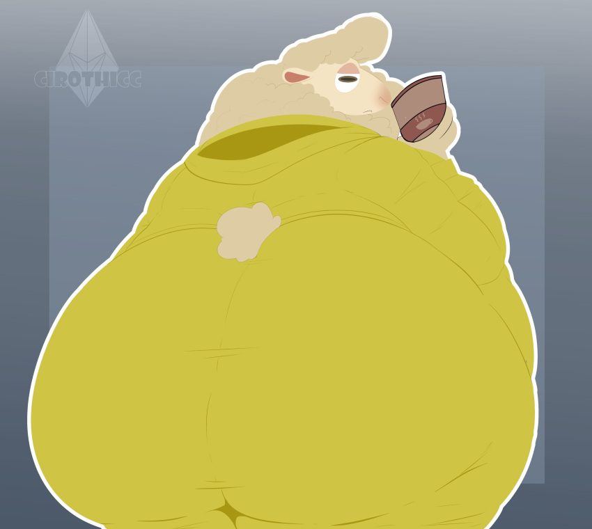 2022 absurd_res anthro big_butt blush bottomwear bovid butt caprine chemical cirothicc clothing container cup disney doug_ramses hi_res horizontal_pupils jacket male mammal overweight overweight_male pants pupils sheep solo tight_clothing topwear watermark zootopia