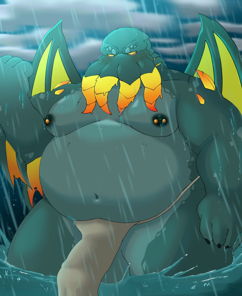 2022 anthro belly big_belly bottomwear bulge clothing cloud cthulhu cthulhu_mythos detailed_background dragon_night800 genital_outline h.p._lovecraft hi_res humanoid_hands kemono loincloth male moobs navel nipples outside overweight overweight_male penis_outline raining solo water wings