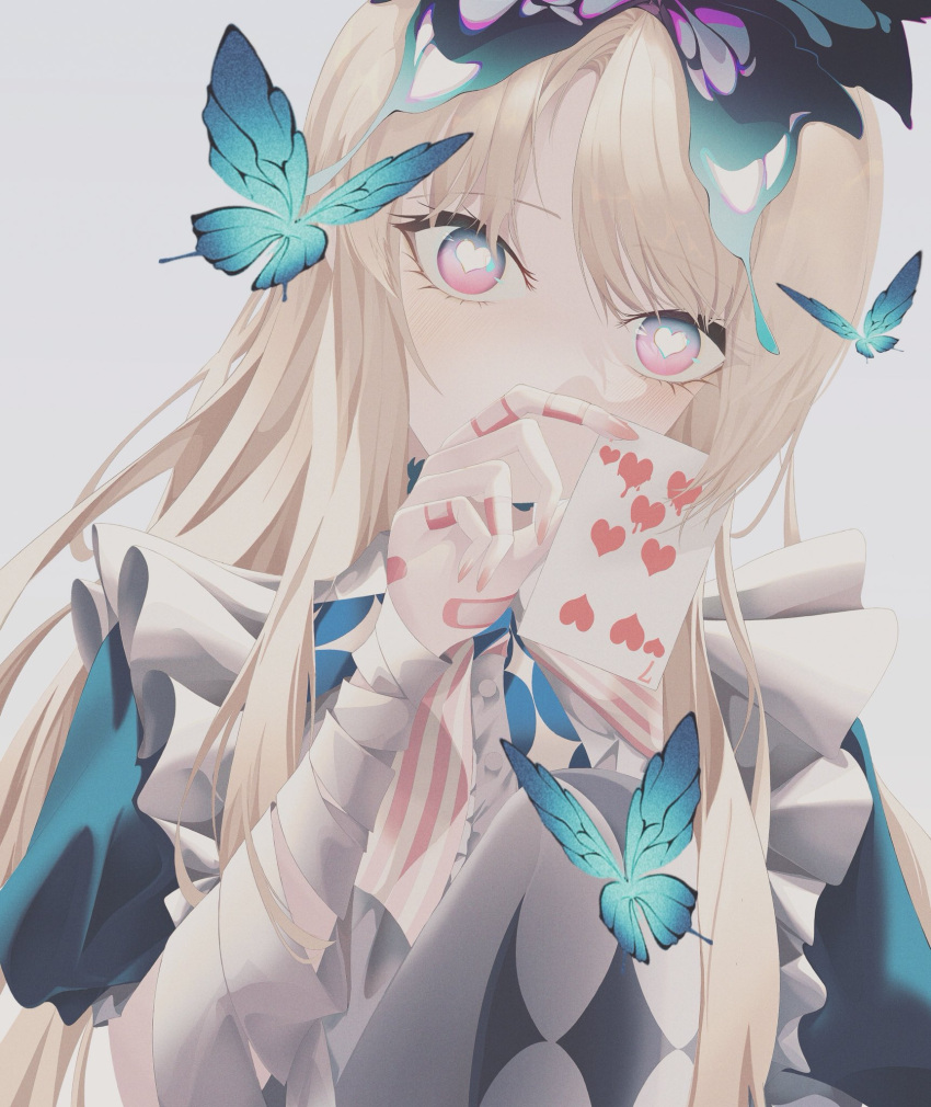 1girl alice_(grimlight) apron bandaged_arm bandages bandaid bandaid_on_hand bangs blonde_hair blue_bow blue_bowtie blue_dress blue_eyes bow bowtie bug butterfly butterfly_hair_ornament butterfly_wings buttons card collared_dress covering_mouth crystal_print dress eyes_visible_through_hair fingernails flying frills grey_apron grey_background grey_pantyhose grimlight hair_between_eyes hair_ornament hand_up heart heart_in_eye heart_print highres hudieyugongmu long_fingernails long_hair looking_at_viewer multicolored_bow multicolored_bowtie multicolored_eyes nail_polish pantyhose pinafore_dress pink_eyes pink_nails playing_card puffy_short_sleeves puffy_sleeves short_sleeves simple_background sitting solo striped striped_bow striped_bowtie symbol_in_eye upper_body white_bow white_bowtie wings