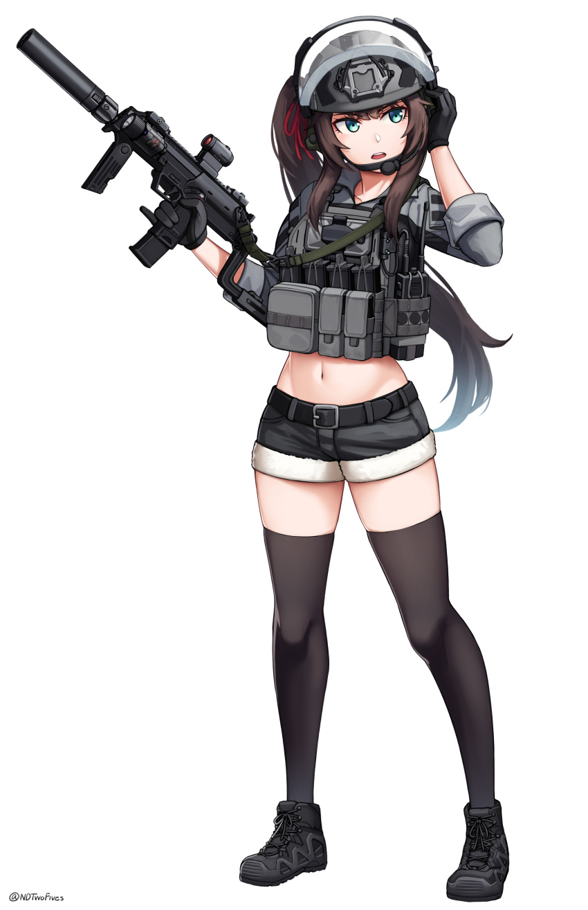 1girl absurdres bangs belt belt_buckle black_belt black_footwear black_gloves black_shorts blush brown_hair buckle collared_shirt commentary commission crop_top english_commentary full_body fur-trimmed_shorts fur_trim gloves green_eyes grey_shirt gun h&amp;k_mp7 hair_ribbon hand_up helmet highres holding holding_gun holding_weapon long_hair long_sleeves looking_away looking_to_the_side midriff navel ndtwofives open_mouth original red_ribbon ribbon scope shirt shoes short_shorts shorts side_ponytail simple_background solo standing submachine_gun suppressor thighhighs trigger_discipline very_long_hair weapon white_background