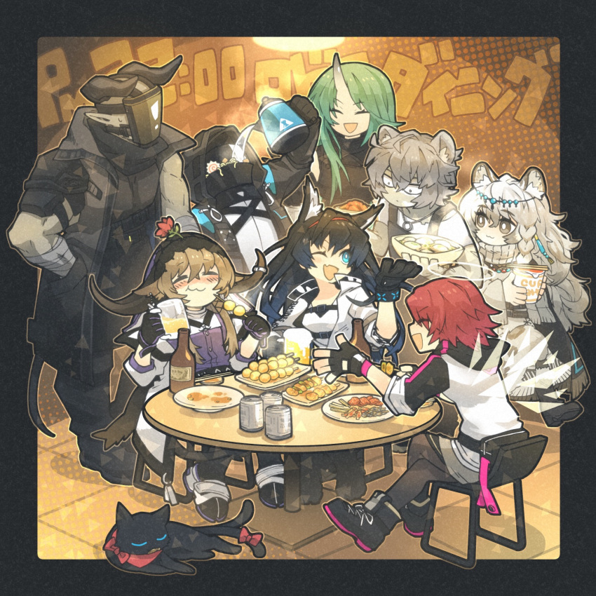 1other 2boys 5girls :3 :d :t ;d ahoge animal_ears apron arknights bear_boy bear_ears beer_mug black_apron black_bracelet black_cape black_gloves black_hair black_jacket black_pants black_pantyhose black_shirt blaze_(arknights) blue_eyes blush bow bowl brown_hair can cape cat cat_ears cat_girl chair closed_eyes cow_ears cow_girl cow_horns crossed_legs cup cup_ramen dango demon_horns detached_wings doctor_(arknights) dress energy_wings exusiai_(arknights) fang fingerless_gloves food gloves green_hair grey_eyes grey_hair hair_between_eyes hairband halo hand_up hands_in_pockets hanging_light highres holding holding_bowl holding_cup holding_food holding_kettle hood hood_up hooded_shirt horn_ornament horn_ring horns hoshiguma_(arknights) infection_monitor_(arknights) jacket jaye_(arknights) kamaboko kettle leopard_ears leopard_girl leopard_tail long_hair long_sleeves mask morini_ochiteru mug multiple_boys multiple_girls multiple_tails narutomaki one_eye_closed oni_horns open_clothes open_jacket open_mouth pallas_(arknights) pants pantyhose plate pramanix_(arknights) purple_shirt red_bow red_hair red_hairband sarkaz_bodyguard_(arknights) shirt short_hair single_horn sitting skewer skin-covered_horns skin_fang sleeves_past_elbows smile table tail tail_bow tail_ornament tiara translation_request two_tails wagashi white_dress white_jacket white_shirt wings