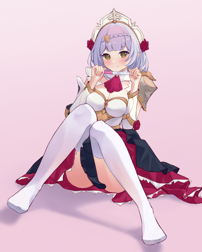 1girl absurdres akarichan_(1286817552) armor ascot ass bangs blunt_bangs braid breastplate breasts cleavage commentary_request detached_collar gauntlets genshin_impact green_eyes grey_hair hair_ornament highres holding knees_together_feet_apart knees_up long_sleeves looking_at_viewer maid maid_headdress noelle_(genshin_impact) pink_background pregnancy_test short_hair shoulder_armor sidelocks simple_background single_braid sitting smile solo