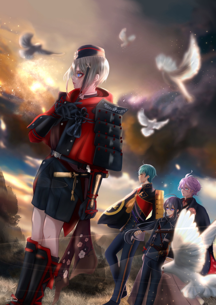 4boys absurdres bird black_hair blonde_hair blue_eyes blue_hair cloud cloudy_sky dove facing_to_the_side flower highres hyuuga_masamune ichigo_hitofuri kasen_kanesada looking_ahead male_focus multicolored_hair multiple_boys namazuo_toushirou purple_hair short_hair sky touken_ranbu yellow_eyes zasikirou