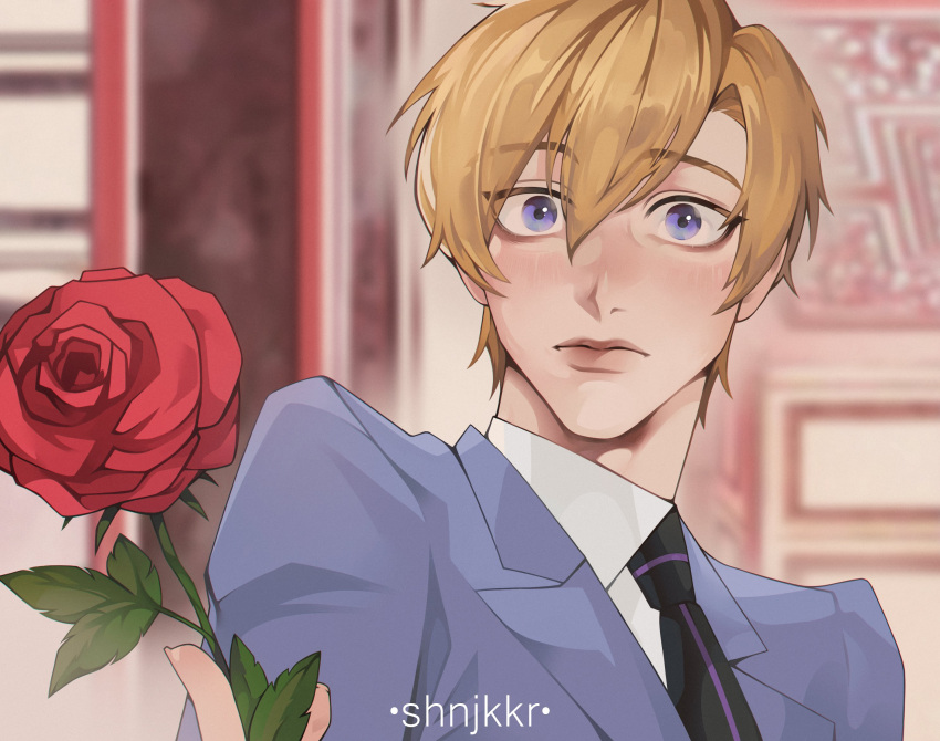 1boy artist_name bangs blonde_hair blue_eyes blue_jacket blush disembodied_limb flower hair_between_eyes highres holding holding_flower indoors jacket male_focus necktie ouran_high_school_host_club ouran_high_school_uniform parted_bangs red_flower red_rose rose school_uniform shinjikokoro shirt short_hair suou_tamaki surprised upper_body white_shirt