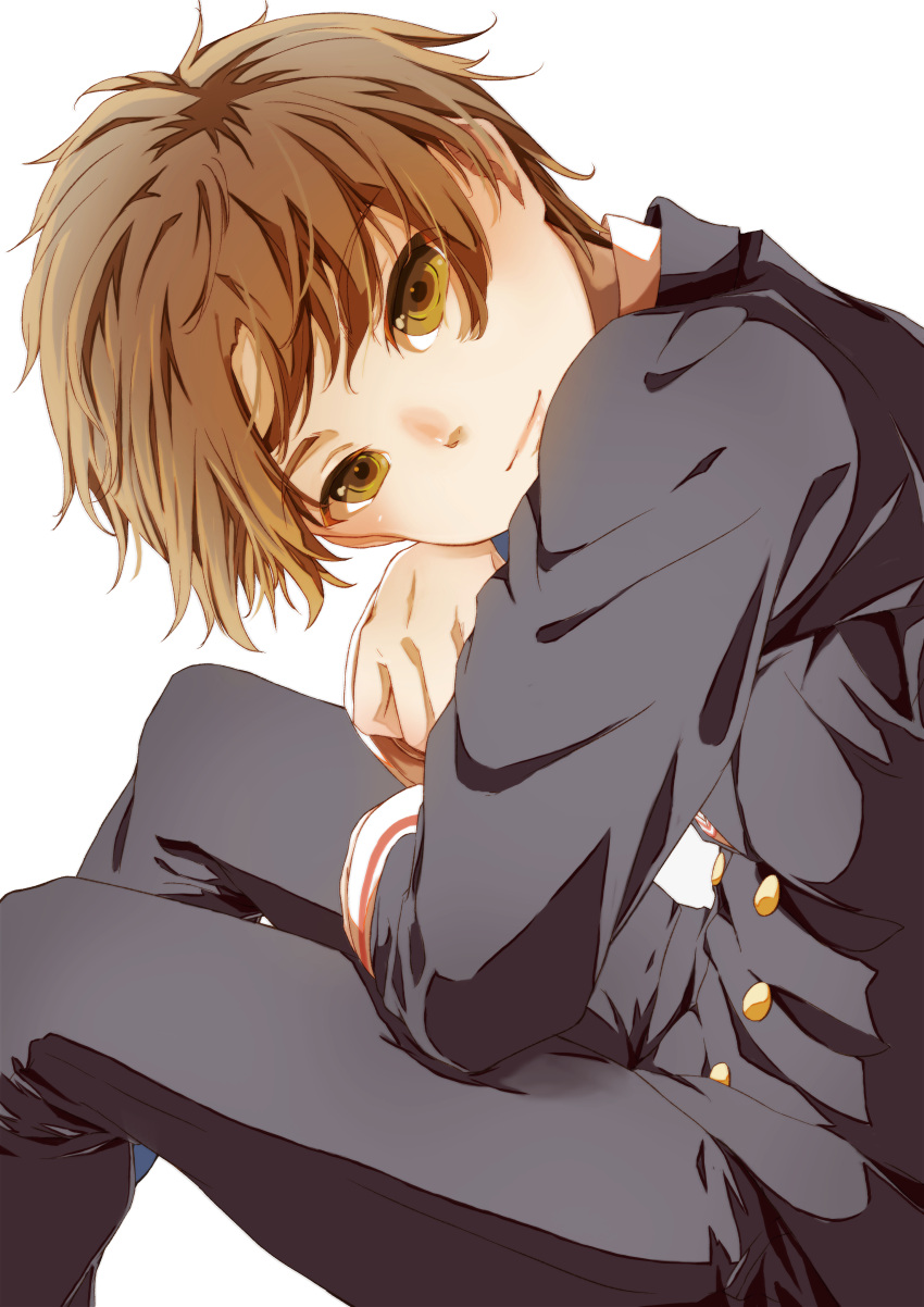 1boy absurdres black_jacket black_pants brown_eyes brown_hair buttons cardcaptor_sakura collared_shirt commentary_request gakuran highres hihumiyone jacket leaning_forward li_xiaolang long_sleeves looking_at_viewer male_focus pants school_uniform shirt simple_background sitting smile solo tareme v-neck vest white_background white_shirt
