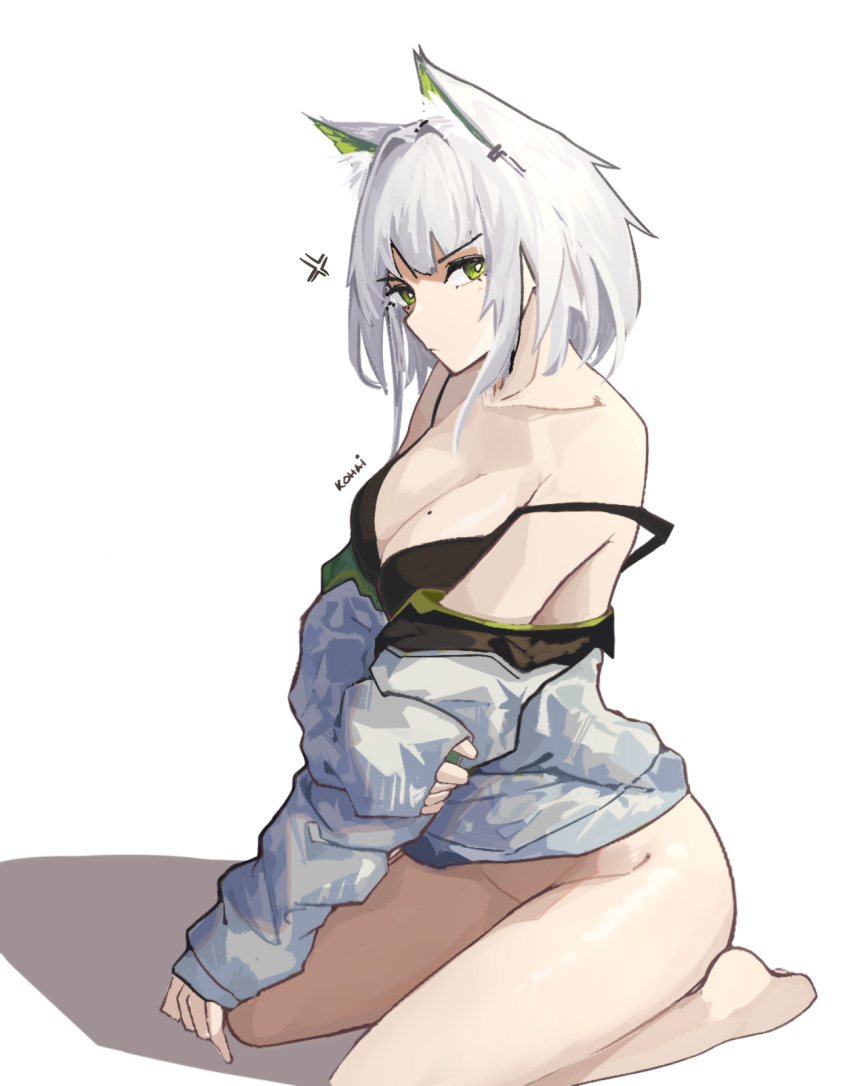1girl absurdres alternate_costume anger_vein animal_ear_fluff animal_ears arknights bangs barefoot black_bra bottomless bra breasts cat_ears cleavage closed_mouth commentary english_commentary green_eyes grey_jacket highres jacket kal'tsit_(arknights) kneeling large_breasts mole mole_on_breast nuggetkouhai open_clothes open_jacket short_hair signature simple_background solo strap_slip underwear v-shaped_eyebrows white_background white_hair