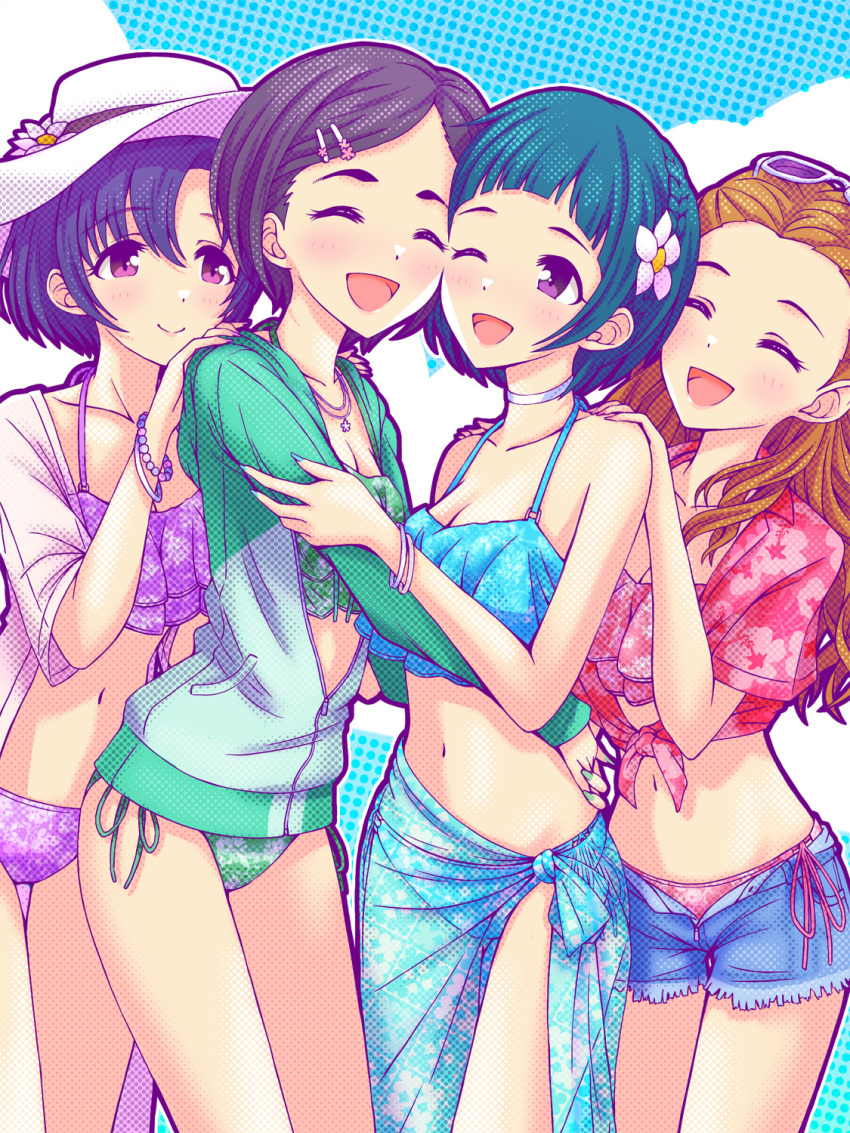 4girls ^_^ ^o^ bikini bikini_under_clothes blue_sky bracelet cheek-to-cheek closed_eyes denim denim_shorts girls_be_next_step_(idolmaster) haua heads_together highres hug idolmaster idolmaster_cinderella_girls jacket jewelry looking_at_another matsuo_chizuru multiple_girls navel okazaki_yasuha partially_unzipped print_bikini sarong seki_hiromi shiragiku_hotaru shorts side-tie_bikini side-tie_peek sky smile swimsuit track_jacket