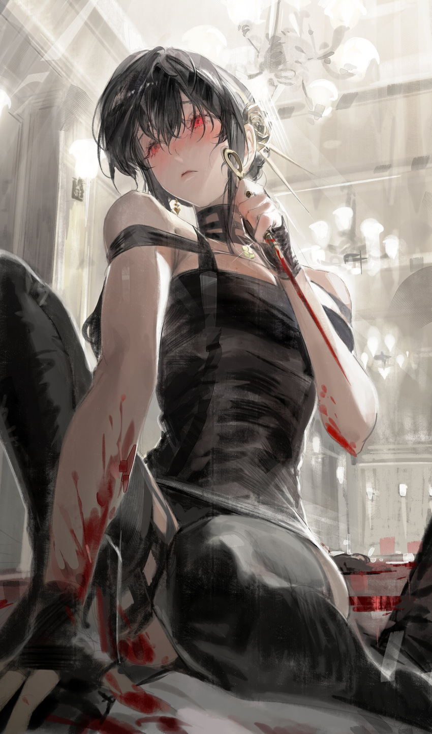 1girl 2others absurdres assassination bare_shoulders black_hair black_necktie blood blood_on_arm blood_on_clothes blood_on_hands blood_on_weapon blush chandelier closed_mouth death dress earrings eyelashes fingerless_gloves glint gloves hair_between_eyes hairband hand_on_another's_chest highres holding holding_weapon indoors jewelry kurikabacha light_rays long_eyelashes long_hair lying multiple_others necktie on_back on_person painterly pink_lips pool_of_blood puddle red_eyes reverse_grip skindentation solo_focus spy_x_family weapon yor_briar