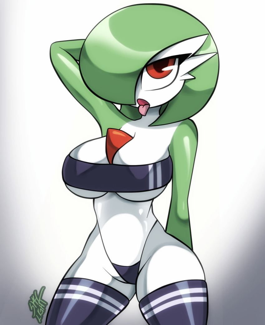 big_breasts breasts chest_spike clothing female footwear gardevoir gris_swimsuit hair hair_over_eye hi_res humanoid legwear looking_at_viewer meme meme_clothing nintendo one-piece_swimsuit one_eye_obstructed pok&eacute;mon pok&eacute;mon_(species) sky_light socks solo spikes spikes_(anatomy) swimwear thigh_highs thigh_socks tongue tongue_out translucent translucent_clothing translucent_swimwear video_games