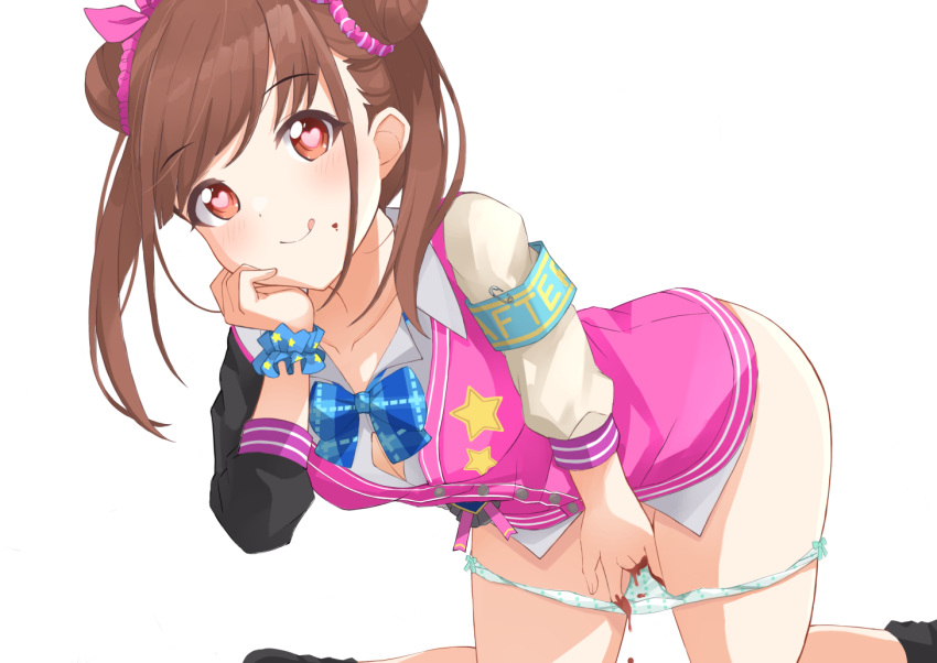 1girl armband bottomless brown_eyes brown_hair chocolate commentary_request double_bun fingering hair_bun heart heart-shaped_pupils idolmaster idolmaster_shiny_colors jacket long_sleeves looking_at_viewer panties panty_pull purple_jacket scrunchie solo sonoda_chiyoko symbol-shaped_pupils tukikataumemo twintails underwear white_background wrist_scrunchie