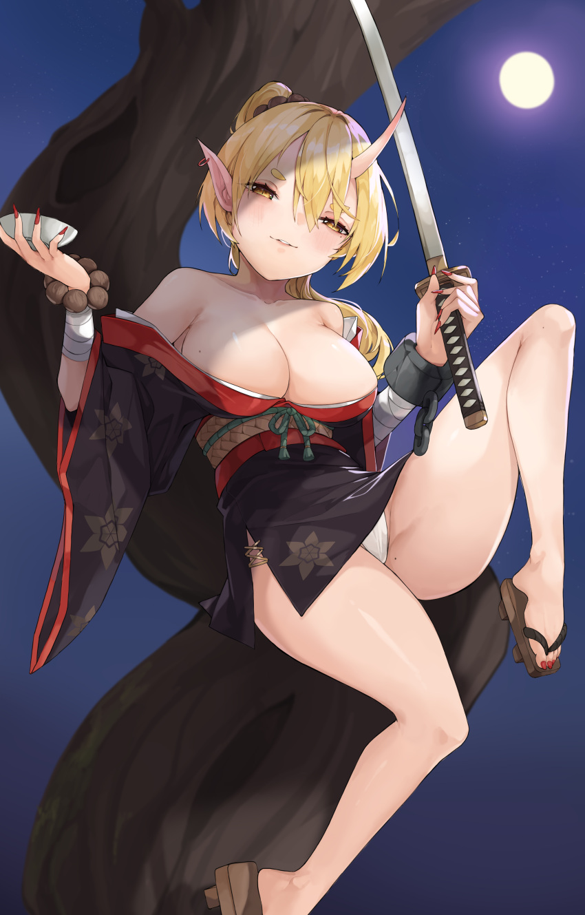 1girl absurdres bandaged_arm bandages bangs bare_legs bare_shoulders bead_bracelet beads black_kimono blonde_hair blush bracelet breasts collarbone cuffs cup demon_girl ear_piercing earrings fingernails fundoshi geta groin hair_between_eyes half-closed_eyes hands_up high_ponytail highres holding holding_cup holding_sword holding_weapon hoop_earrings horns in_tree japanese_clothes jewelry katana kimono knee_up large_breasts light_smile long_hair looking_at_viewer mac_(pixiv31869137) mole mole_on_breast mole_on_thigh mole_under_eye moon moonlight night obi oni oni_horns open_clothes open_kimono original outdoors parted_lips piercing pointy_ears print_kimono red_nails sakazuki sash shackles sharp_fingernails short_kimono single_horn sitting sitting_in_tree slit_pupils solo sword toenails tree weapon wide_sleeves yellow_eyes