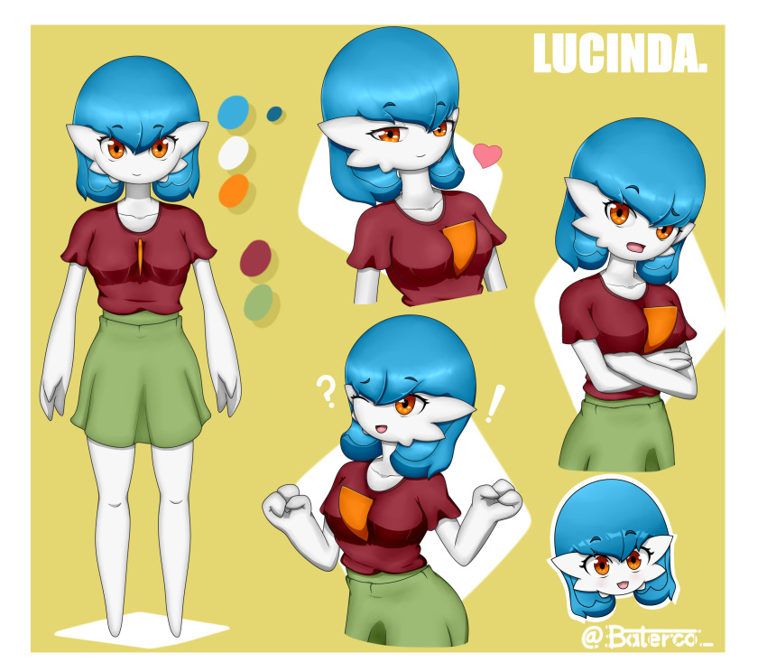 &lt;3 2021 3_fingers absurd_res baterco blue_hair bottomwear clothing crossed_arms exclamation_point female fingers gardevoir hair happy hi_res humanoid looking_at_viewer lucinda_(baterco) model_sheet nintendo not_furry one_eye_half-closed orange_eyes pok&eacute;mon pok&eacute;mon_(species) question_mark shiny_pok&eacute;mon shirt signature simple_background skirt solo t-shirt topwear video_games yellow_background