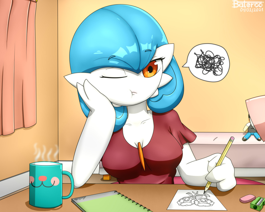 2021 3_fingers baterco bedroom blue_hair breasts cleavage clothed clothing coffee_cup container cup desk detailed_background drawing female fingers furniture gardevoir hair hand_on_cheek hi_res holding_object holding_pencil humanoid looking_at_viewer lucinda_(baterco) medium_breasts nintendo not_furry one_eye_closed orange_eyes pencil_(object) pok&eacute;mon pok&eacute;mon_(species) pouting shiny_pok&eacute;mon signature solo table video_games